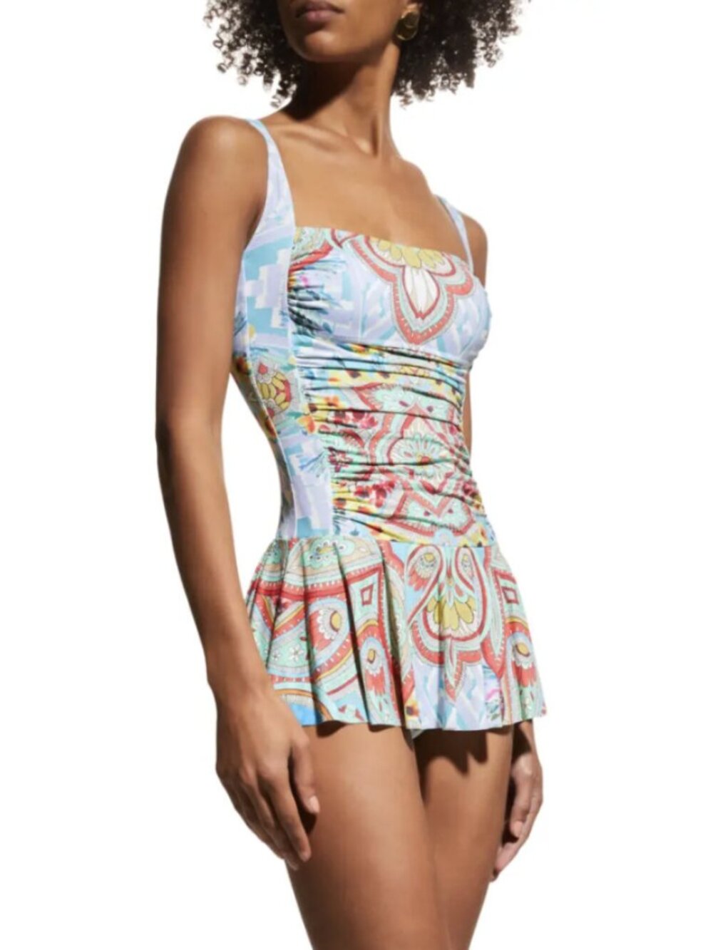 JOHNNY WAS Heloise Ruched Skirted One-Piece Swimsuit Medium Boho Vacation